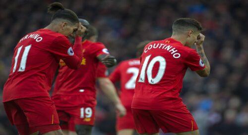 epa05619943 Liverpool?s Philippe Coutinho is congratulated by Roberto Firmino (L) after scoring the second goal during the English Premier League soccer match between Liverpool and Watford at Anfield, Liverpool, Britain, 06 November 2016. EPA/PETER POWELL EDITORIAL USE ONLY. No use with unauthorized audio, video, data, fixture lists, club/league logos or 'live' services. Online in-match use limited to 75 images, no video emulation. No use in betting, games or single club/league/player publications EPA/PETER