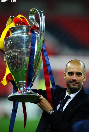 LONDON, ENGLAND - MAY 28: (FILE PHOTO) Josep Guardiola manager of FC Barcelona lifts the trophy after victory in the UEFA Champions League final between FC Barcelona and Manchester United FC at Wembley Stadium on May 28, 2011 in London, England. Guardiola is due to give a press conference tomorrow afternoon where it is believed he will announce he will be stepping down as manager of FC Barcelona. (Photo by Laurence Griffiths/Getty Images)