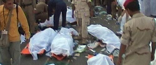 The dead bodies of victims of a stampede in Mina, Saudi Arabia lie on the ground in this image taken from TV, Thursday Jan. 12, 2006. A rush to complete one of the last events of the hajj resulted in a stampede in which at least 345 people were killed, the Interior Ministry said. More than 1,000 people were injured, according to the Saudi Red Crescent. (AP Photo/ AP Television ) ** TV OUT **